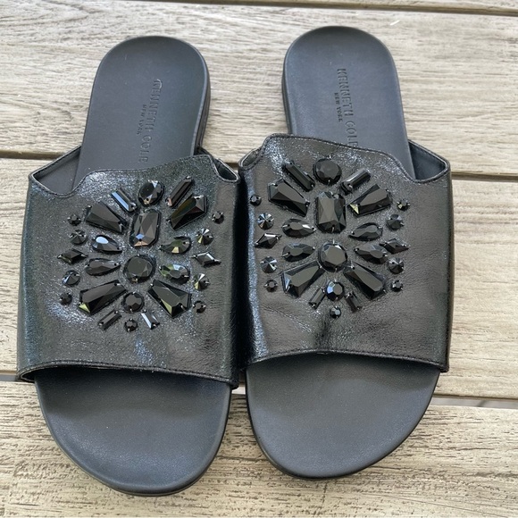 Kenneth Cole Black Crystal Embellished Slide Sandals Womens Size 8.5 - Picture 1 of 7